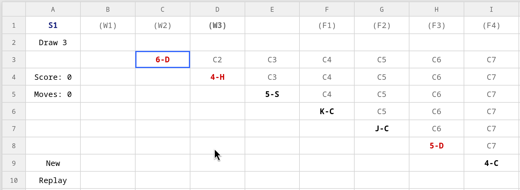 Sneaky Solitaire game board — a spreadsheet grid with card values, stock, waste, foundation and maneuver columns